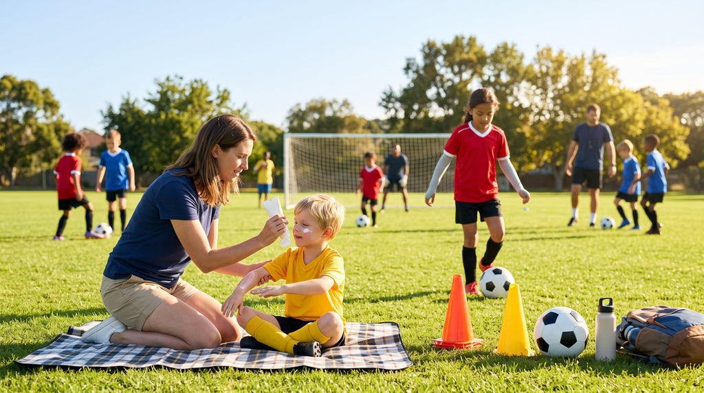 Kids at sunny soccer practice with one child wearing sun sleeves and a parent applying sunscreen