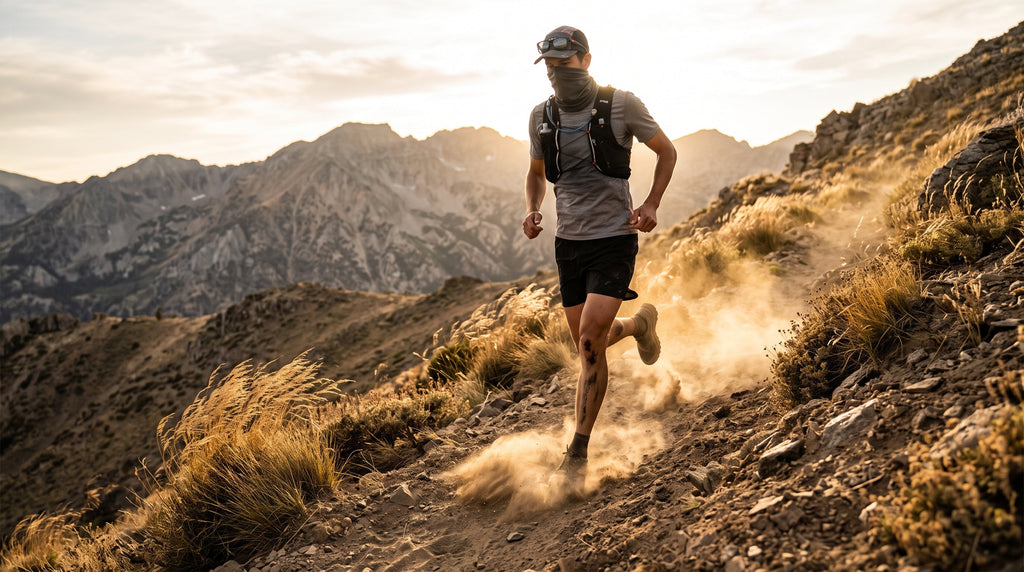 A trail runner on a dusty mountain path with a neck gaiter pulled up over the face