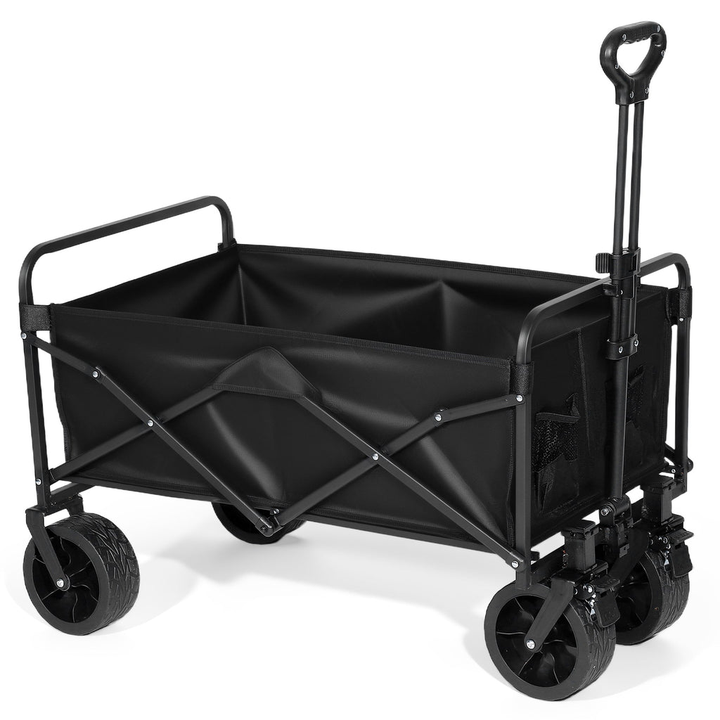 Finvizo folding camping wagon loaded with fishing gear on gravel lake path