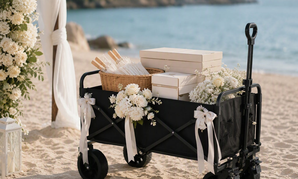 Finvizo folding wagon decorated with flowers carrying wedding decor on a beach